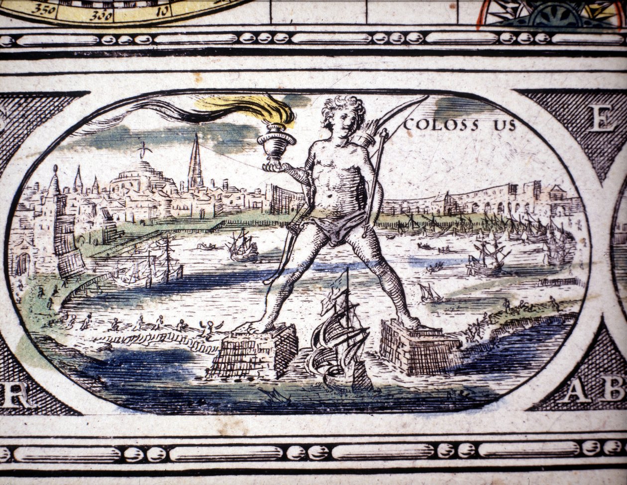 Representation of the Seven Wonders of Antiquity: the Colossus of Rhodes. Atlas of Jansson Jannsonius, 1630 by Joannes Jansson