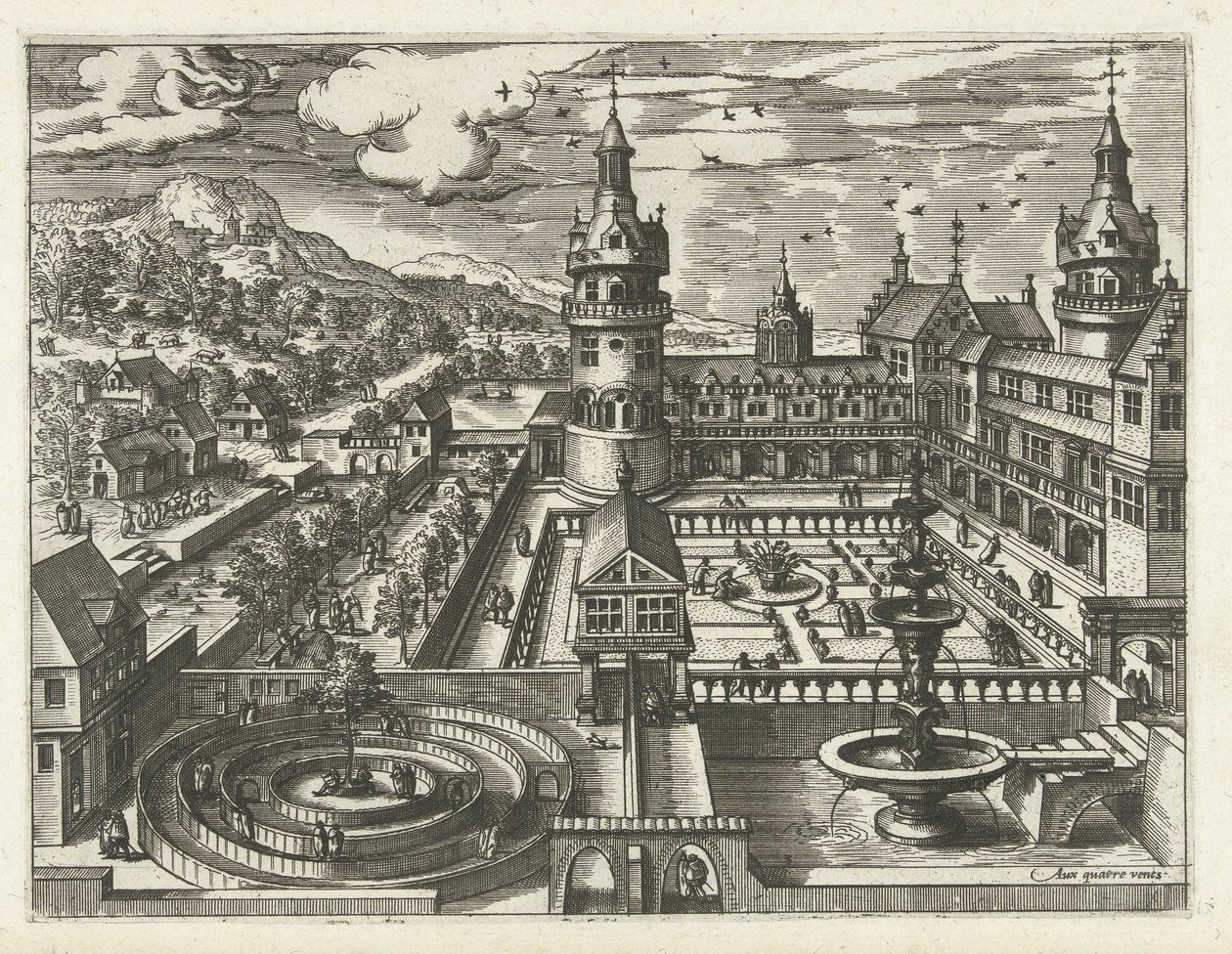 Castle with maze and fountain by Joannes van Doetechum (I) (attributed to)