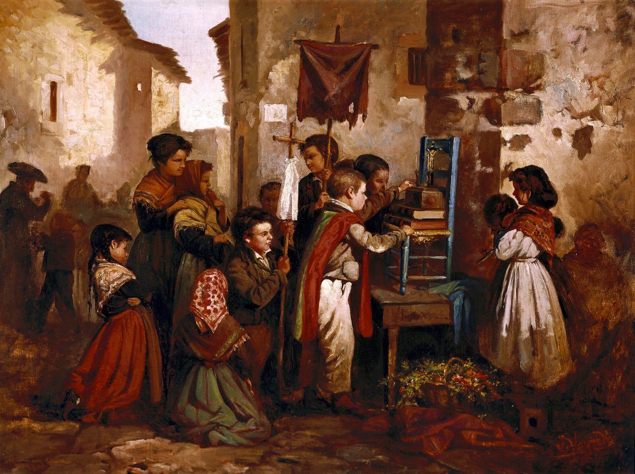 Children Playing in the Religious Procession, Painting by Joaquim Vayreda y Vila by Joaquin Vayreda