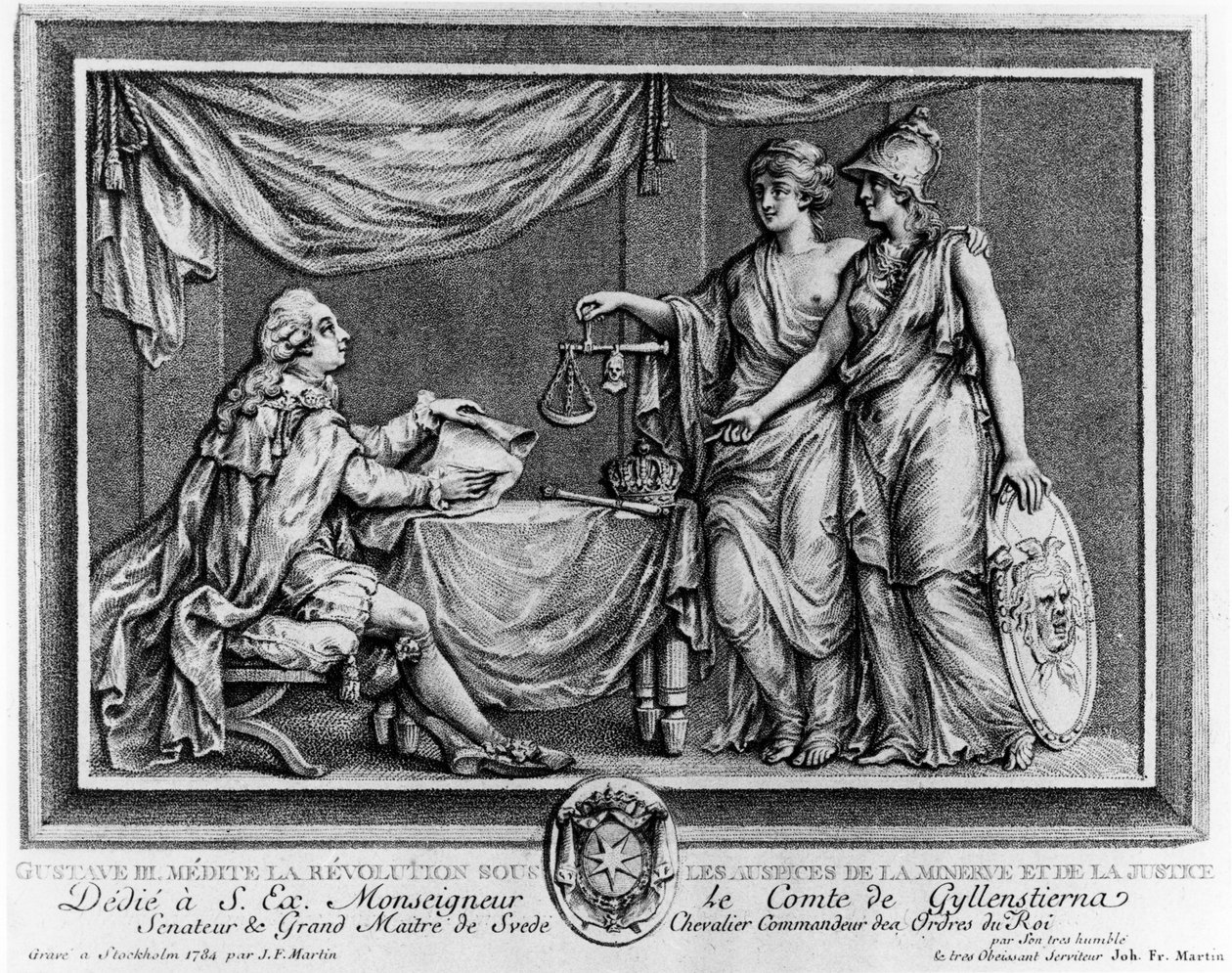 Gustave III contemplating the Revolution under the auspices of Minerva and Justice, 1784 by Johan Fredrik Martin