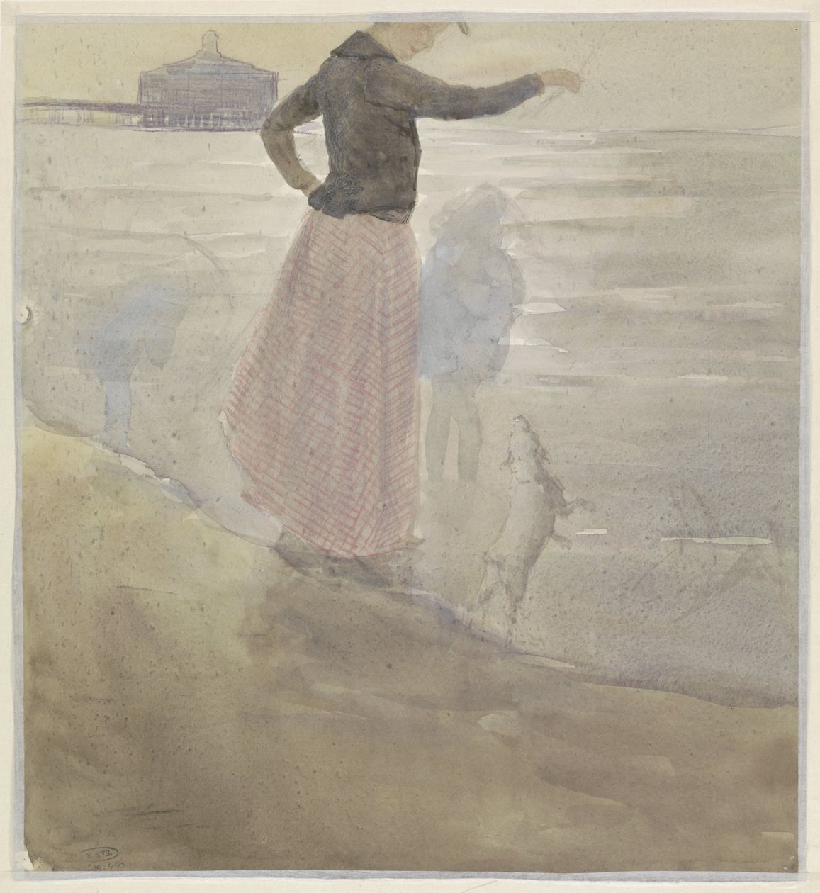 Woman with Two Children and a Dog on the Beach by Johan Antonie de Jonge