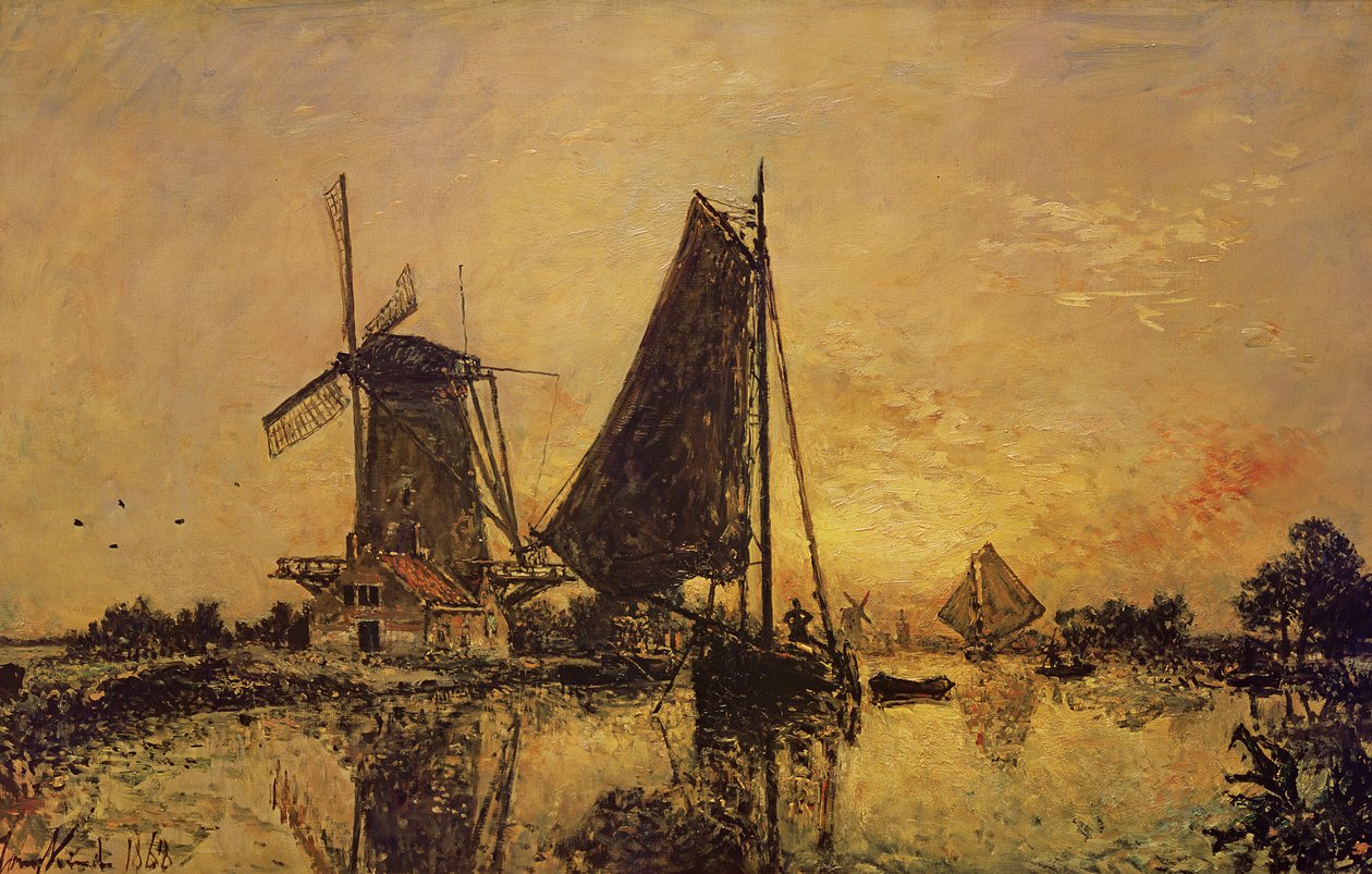 In Holland, Boats Near a Windmill by Johan Barthold Jongkind