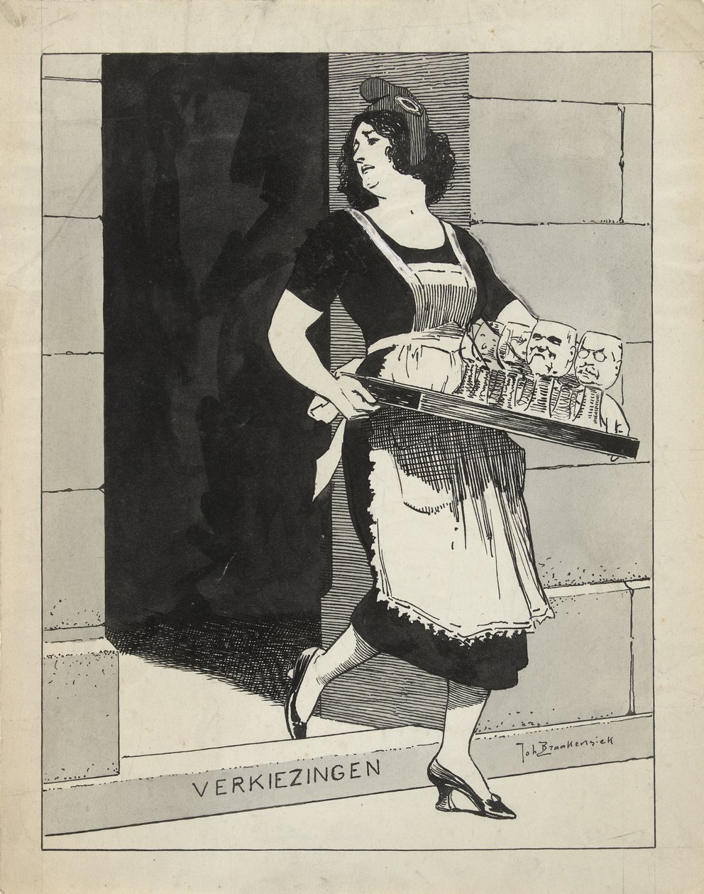 Design for Illustration in De Amsterdammer: The Dutch Maiden as a Maid with a Tray of Glasses Stumbles over the Step Elections (May 17, 1924) by Johan Braakensiek