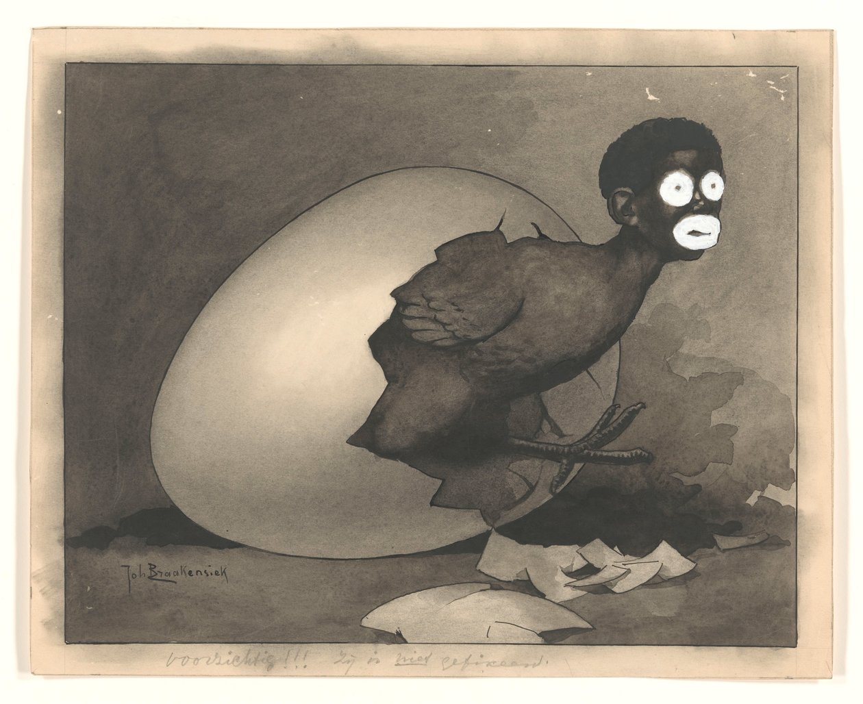 Design for Illustration in De Amsterdammer: A Black Man Crawls Out of an Egg (April 19, 1930) by Johan Braakensiek