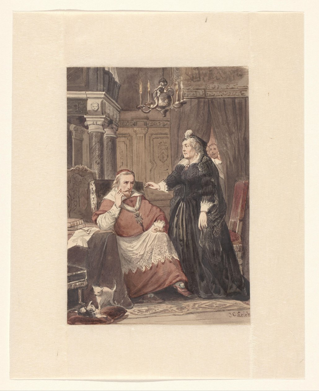 Two People in an Interior, Possibly Maria de Medici and Cardinal Richelieu by Johan Coenraad Leich (signed by artist)
