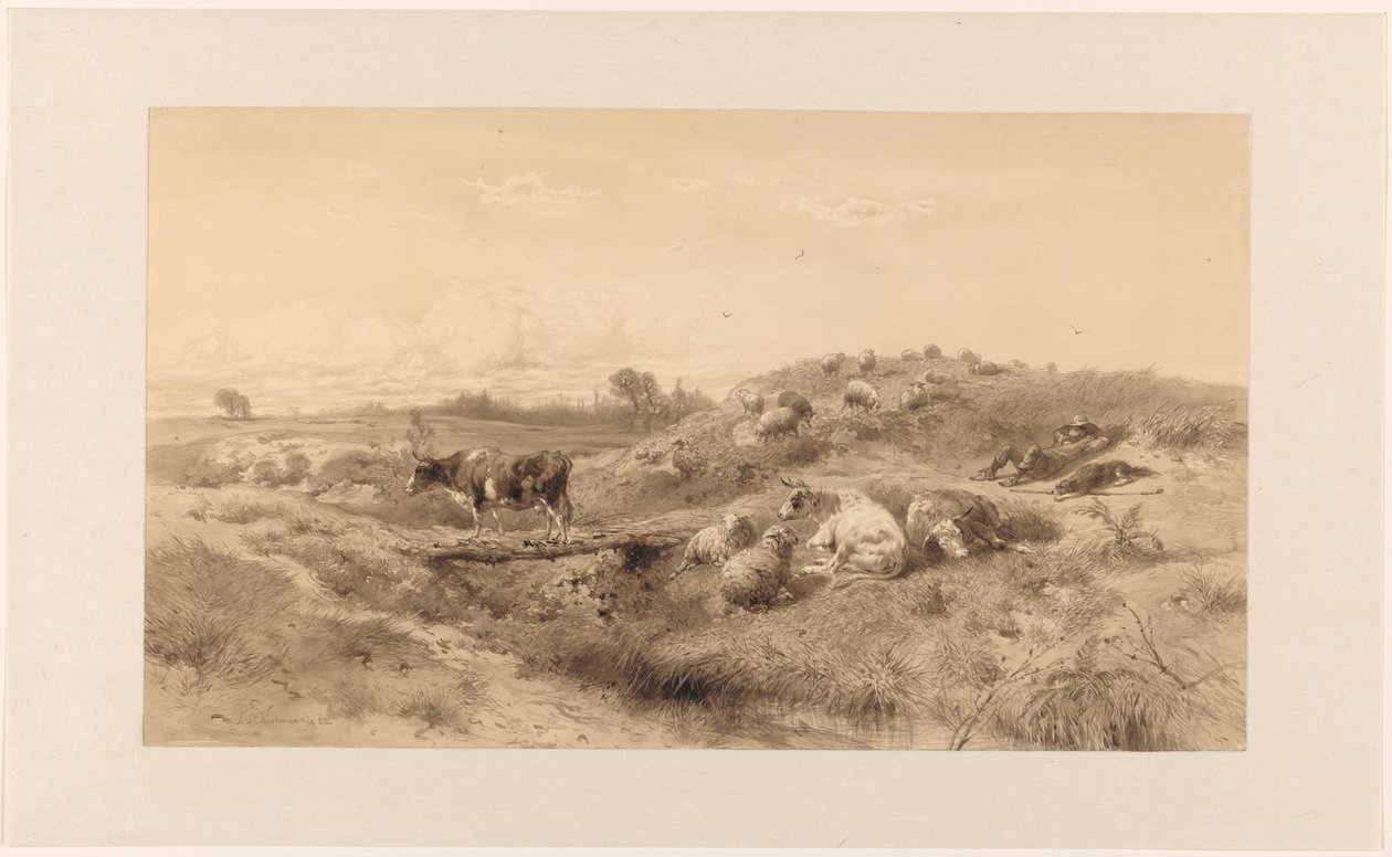 Landscape with Cattle and Resting Shepherd by Johan Daniël Koelman