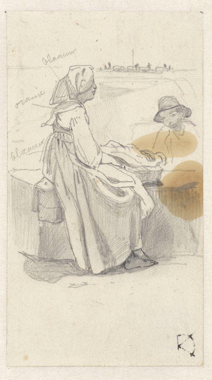 Frau im Profil, auf einer Mauer ruhend, auf der ein Korb steht von Johan Daniël Koelman