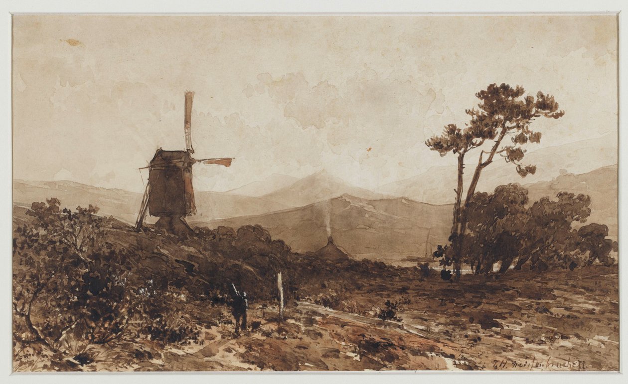 Hilly Landscape with a Mill on the Left by Johan Hendrik Weissenbruch