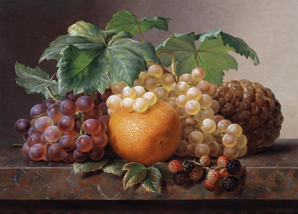 Still Life of Grapes, Blackberries, Orange and Pineapple by Johan Laurents Jensen