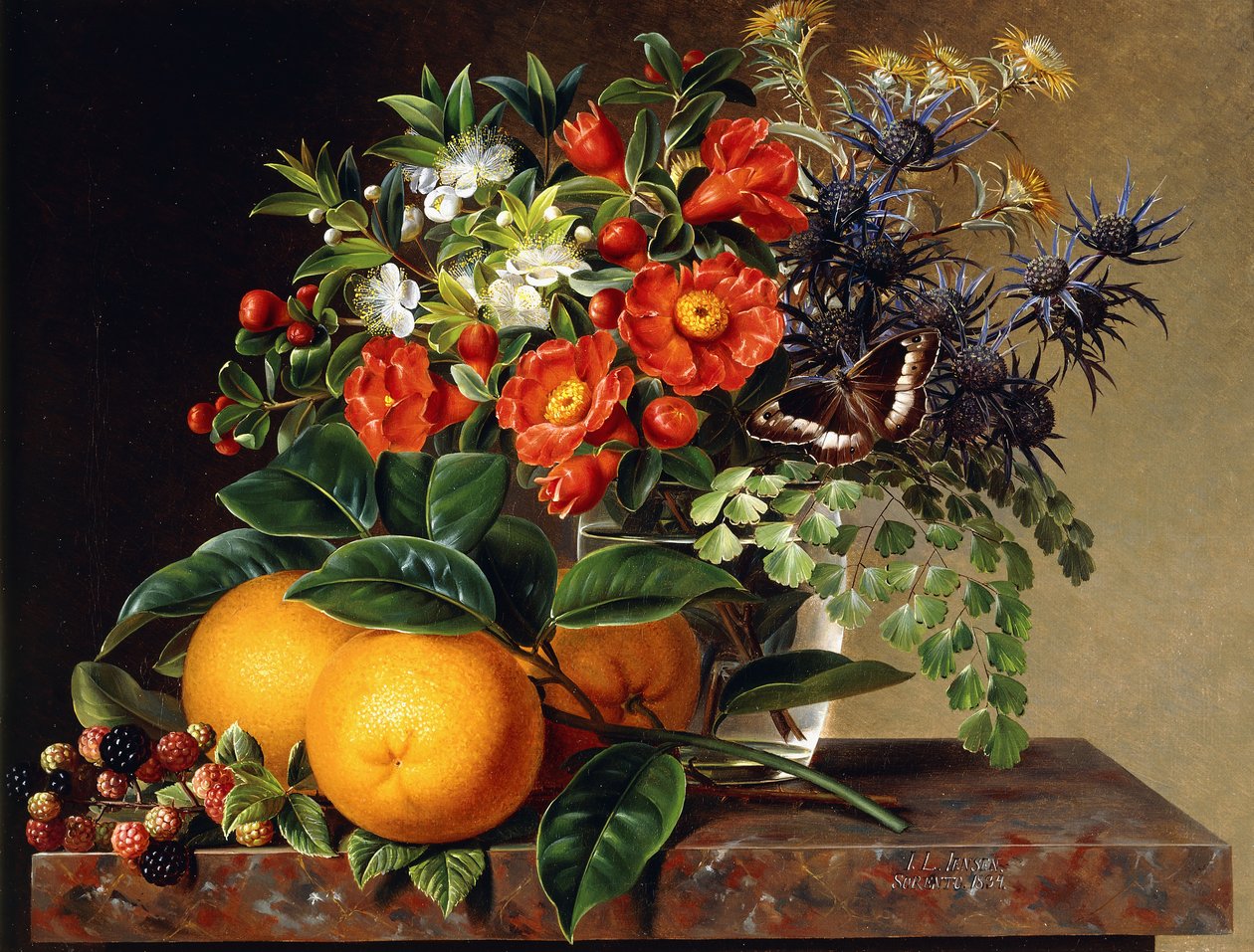 Oranges, Blackberries and a Vase of Flowers on a Ledge by Johan Laurents Jensen