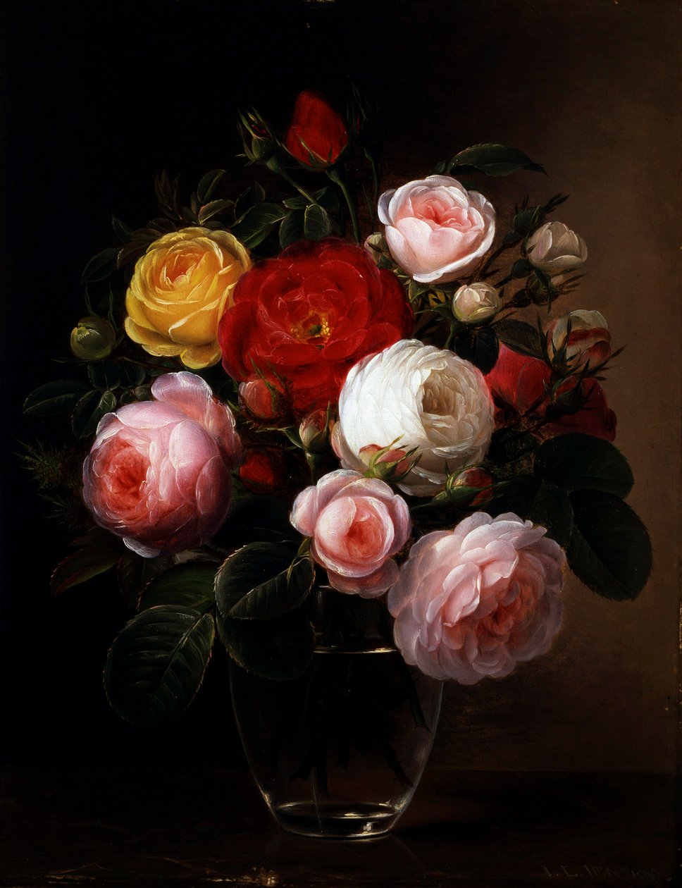 Still Life of Roses in a Glass Vase by Johan Laurents Jensen