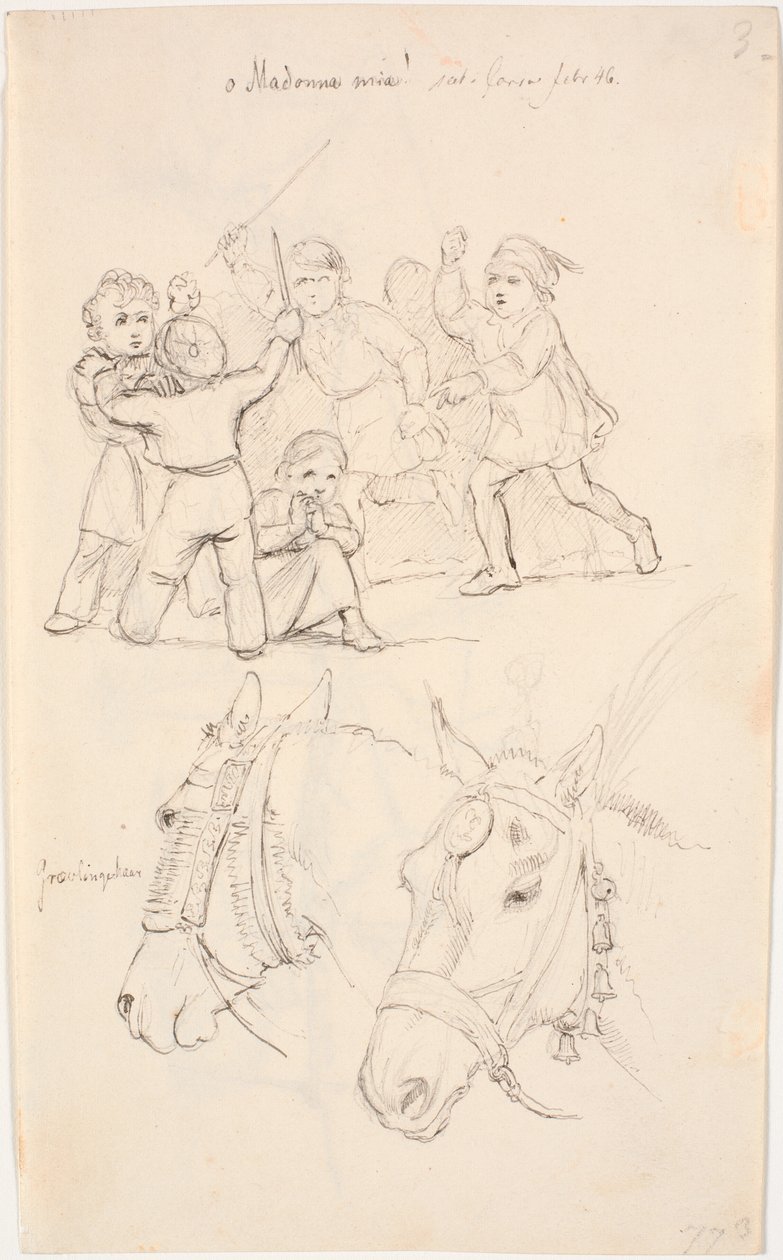 A Little Girl in the Midst of a Group of Fighting Boys, Below Two Horse Heads by Johan Thomas Lundbye