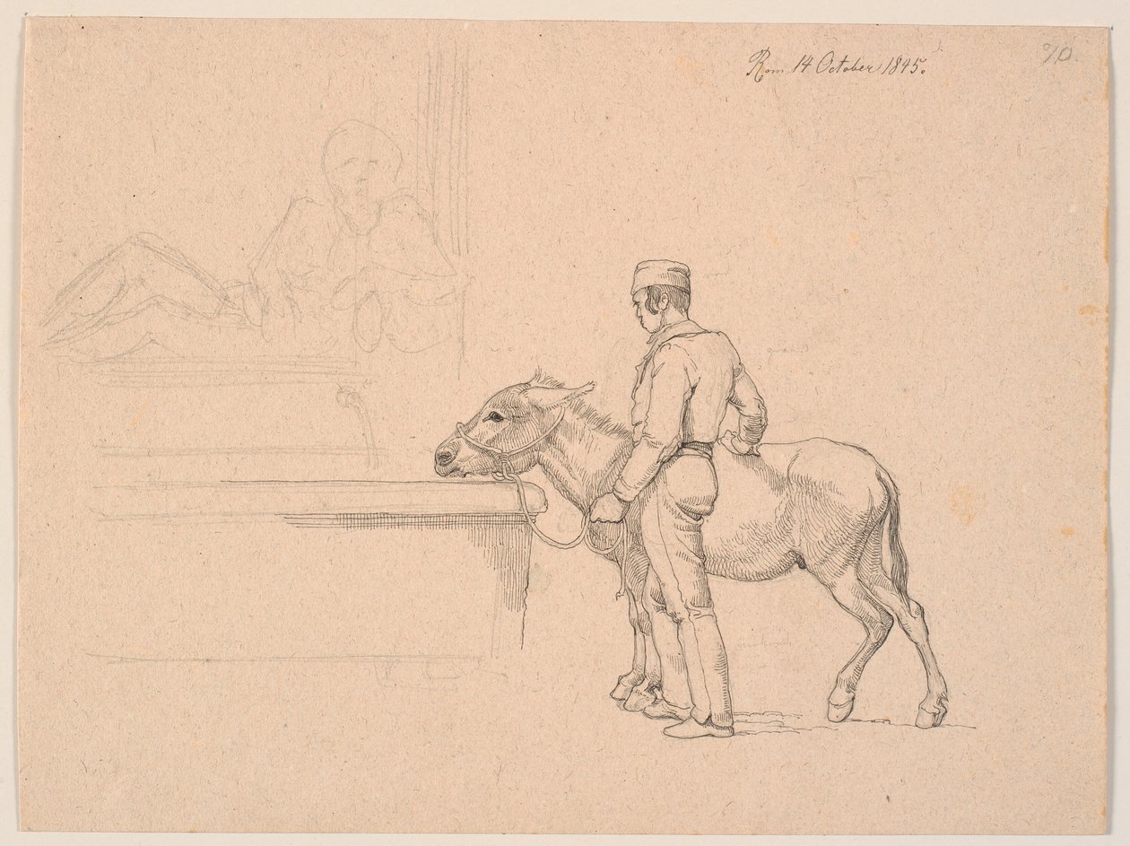 A Man with a Donkey by a Fountain by Johan Thomas Lundbye