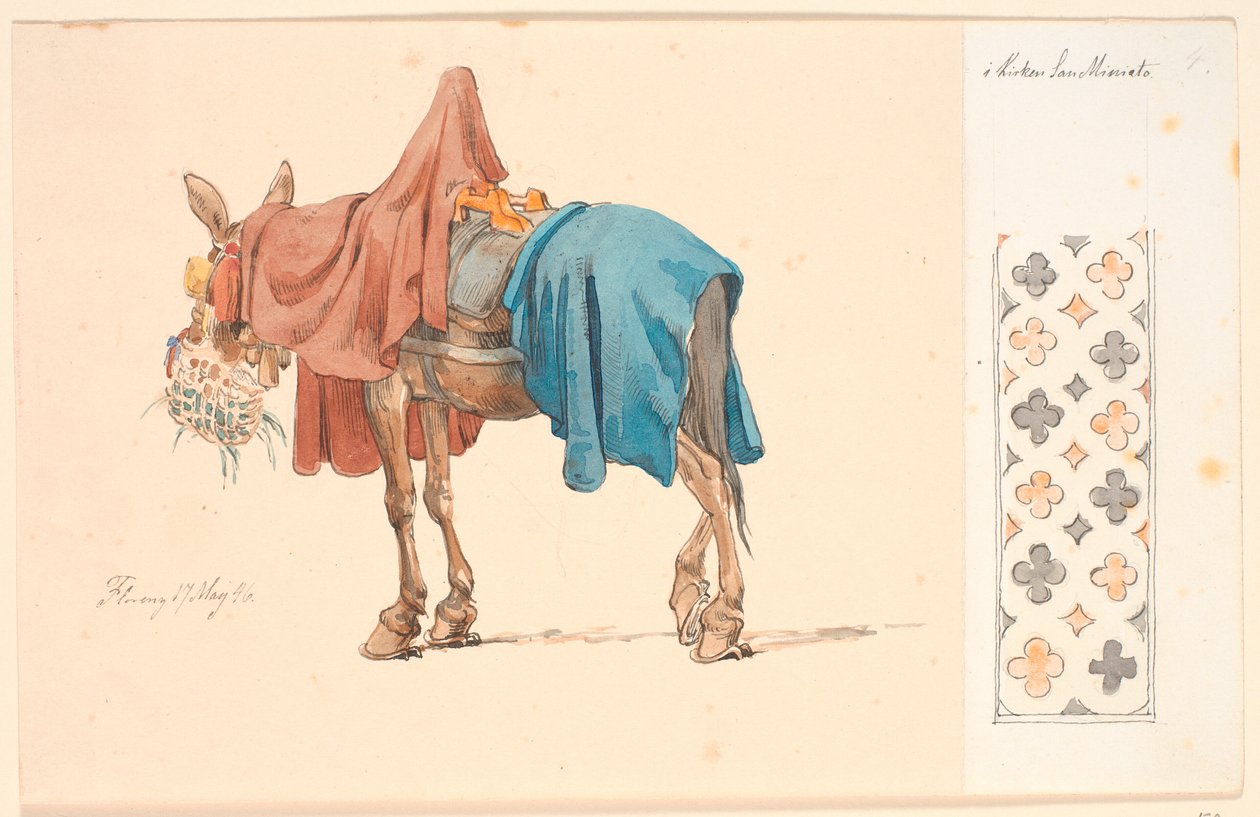 A Mule Eating Its Green Fodder. To the Right on Attached Paper a Decorative Border by Johan Thomas Lundbye