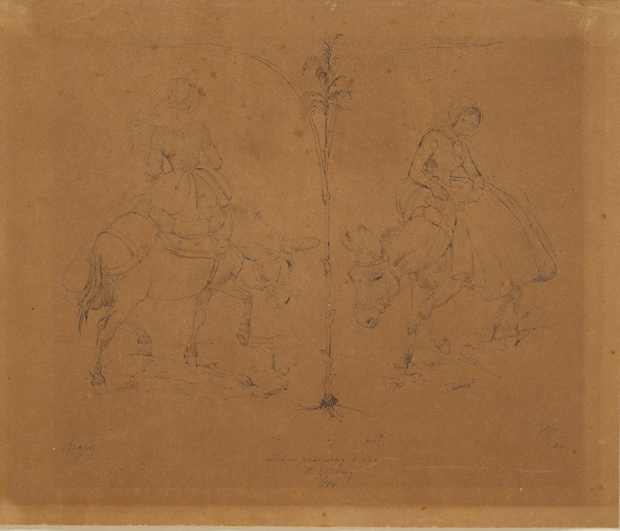 Mrs. Raffenberg Sitting on a Donkey. Two Representations Separated by a Plant Stem by Johan Thomas Lundbye