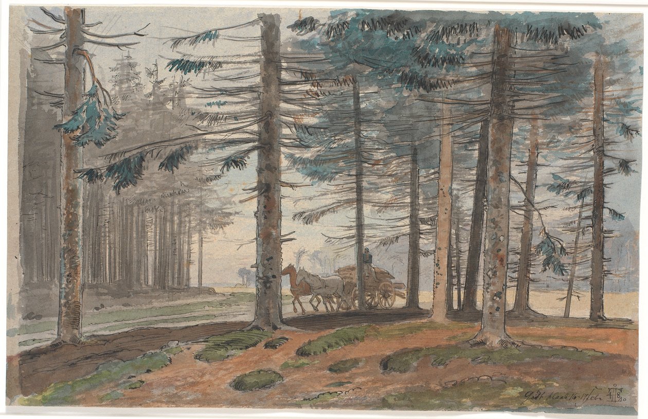 Pine Forest with Road, on which a Horse-Drawn Wagon with a Load of Firewood is Driving. In the Background a Clearing in the Forest by Johan Thomas Lundbye