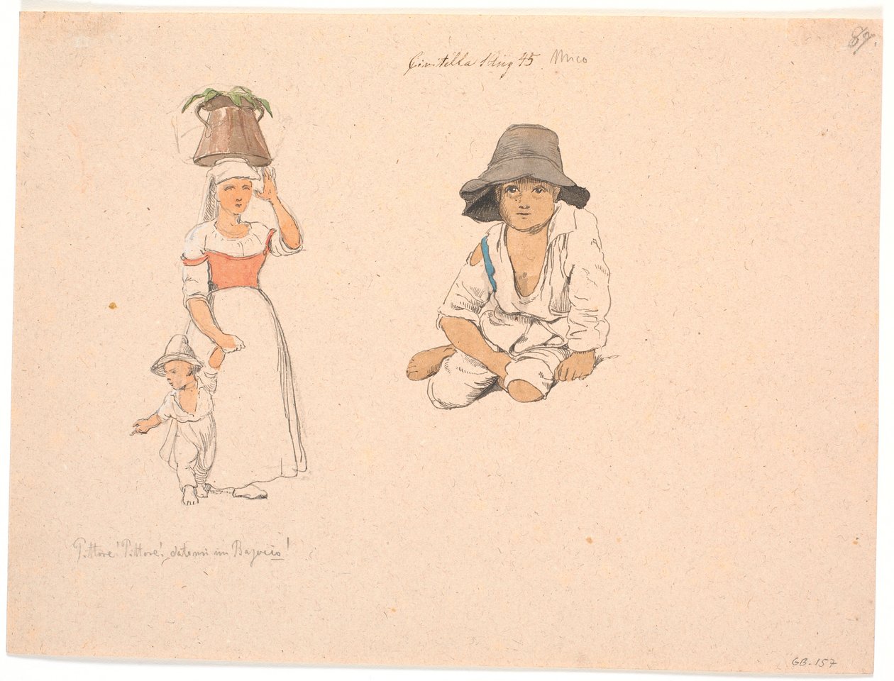 Italian Woman with a Bucket on Her Head and a Begging Boy by Her Hand. To the Right, Study of a Seated Italian Boy by Johan Thomas Lundbye