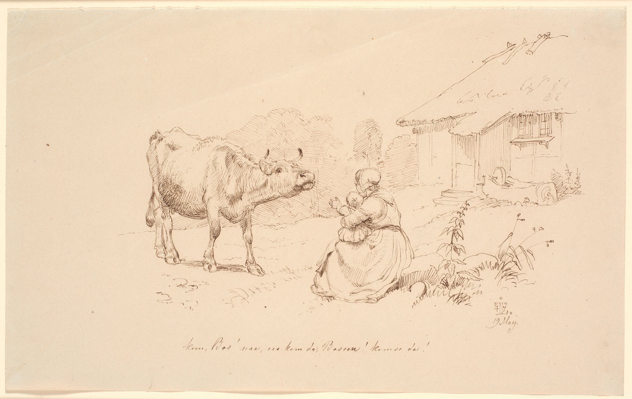 Come Cow! Outside a homestead sits a woman with a child reaching towards a cow by Johan Thomas Lundbye