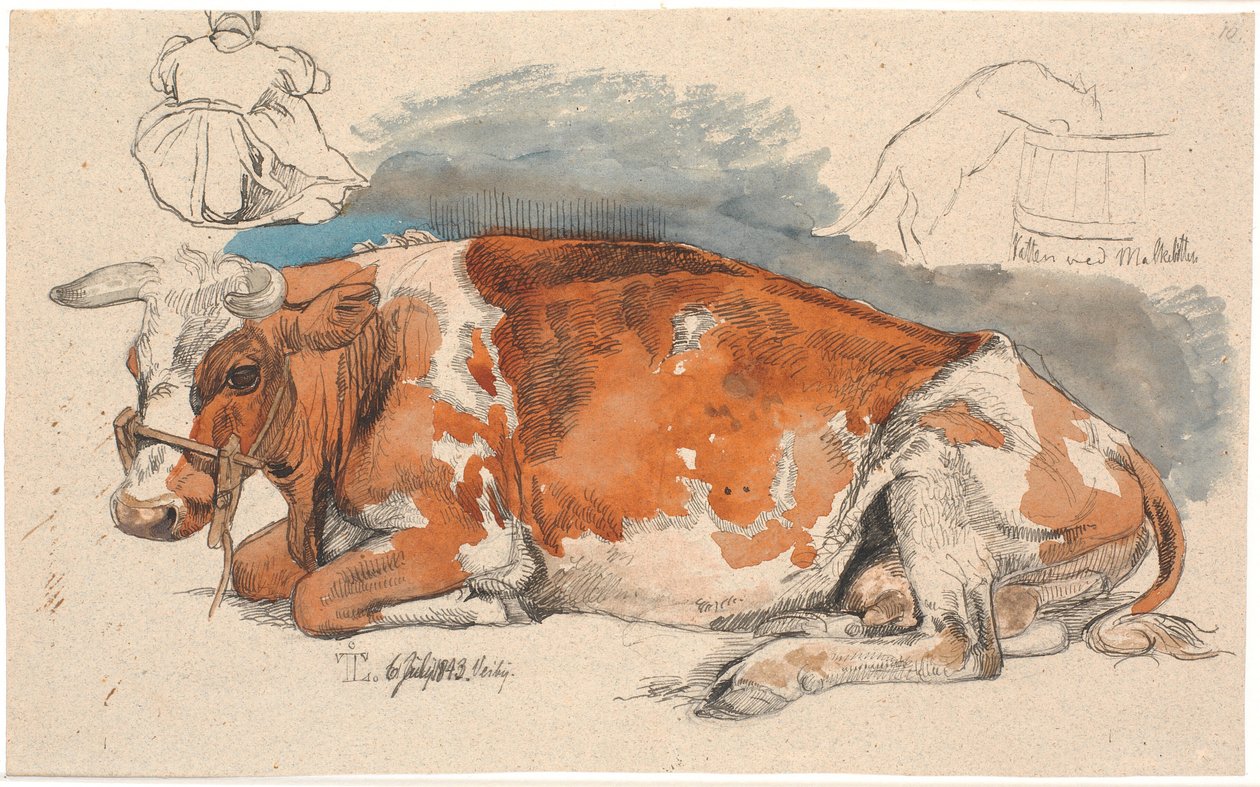 Lying Cow. Top Left a Seated Peasant Girl, Right a Cat Drinking from a Milk Thistle by Johan Thomas Lundbye