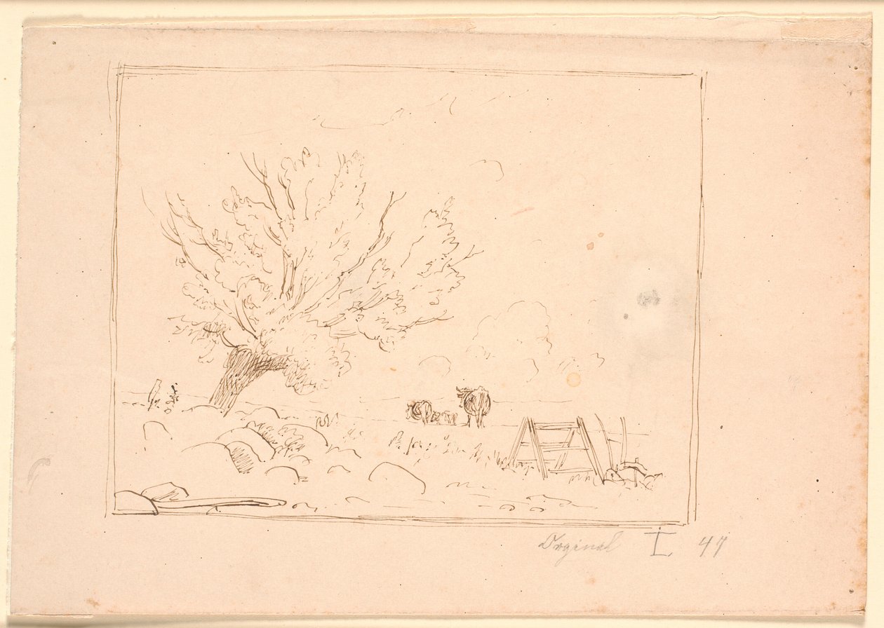 Landscape with a Willow Tree by Large Stones, a Rooster, a Plow, and Three Cows by Johan Thomas Lundbye
