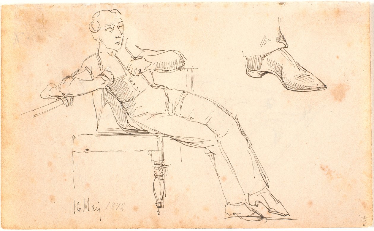 Sketchbook Page with a Seated Young Man and Study of a Shoe by Johan Thomas Lundbye