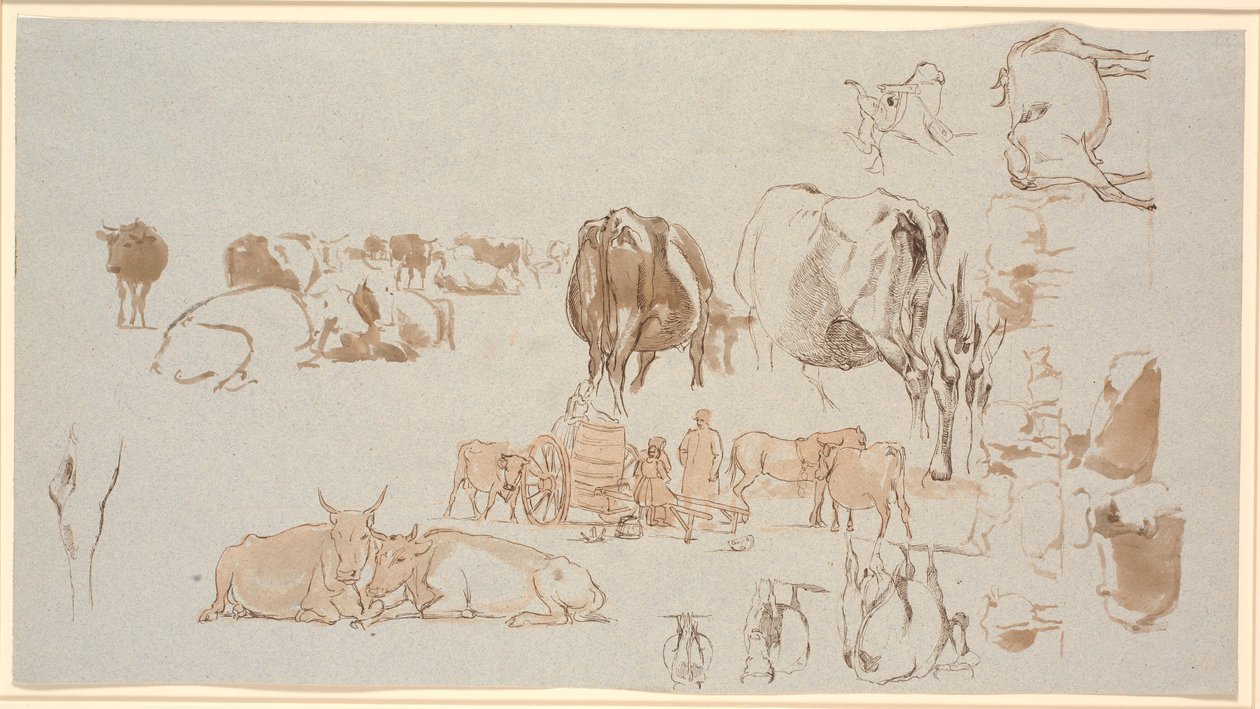 Study Sheet. Studies of Cows, in the Middle a Milk Cart with Three Girls and a Herdsman by Johan Thomas Lundbye