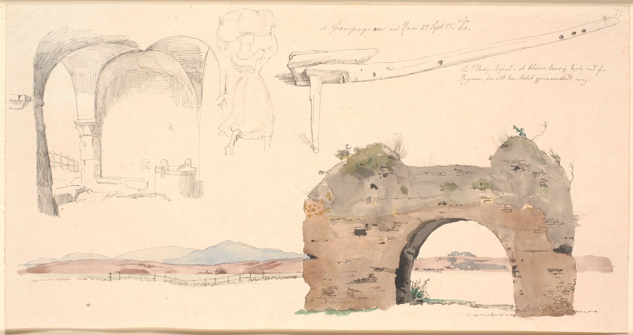 Study Sheet from the Roman Campagna, Italy. Below, Watercolor Study of a Roman Aqueduct Arch with a View of Low Mountains. Above, Study of an Open Space with Flat Vaults, in the Middle an Italian Woman Carrying a Large Bundle on Her Head, to the Right a Pl by Johan Thomas Lundbye