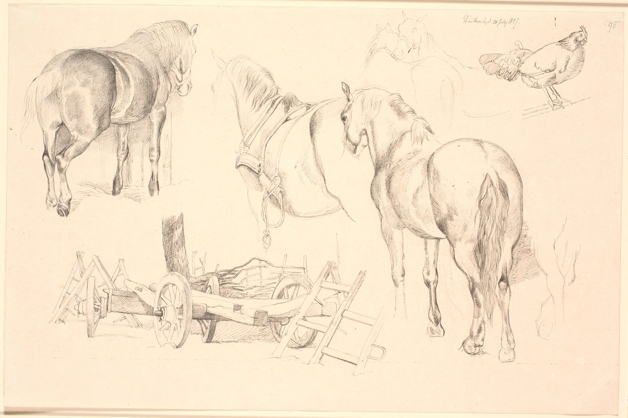 Study Sheet with Horses, Farm Tools, and a Hen on Its Perch by Johan Thomas Lundbye