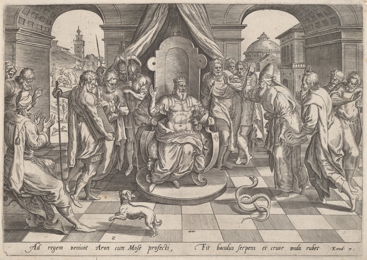 Moses and Aaron before the Pharaoh by Johan Wierix, after Maarten van Cleef