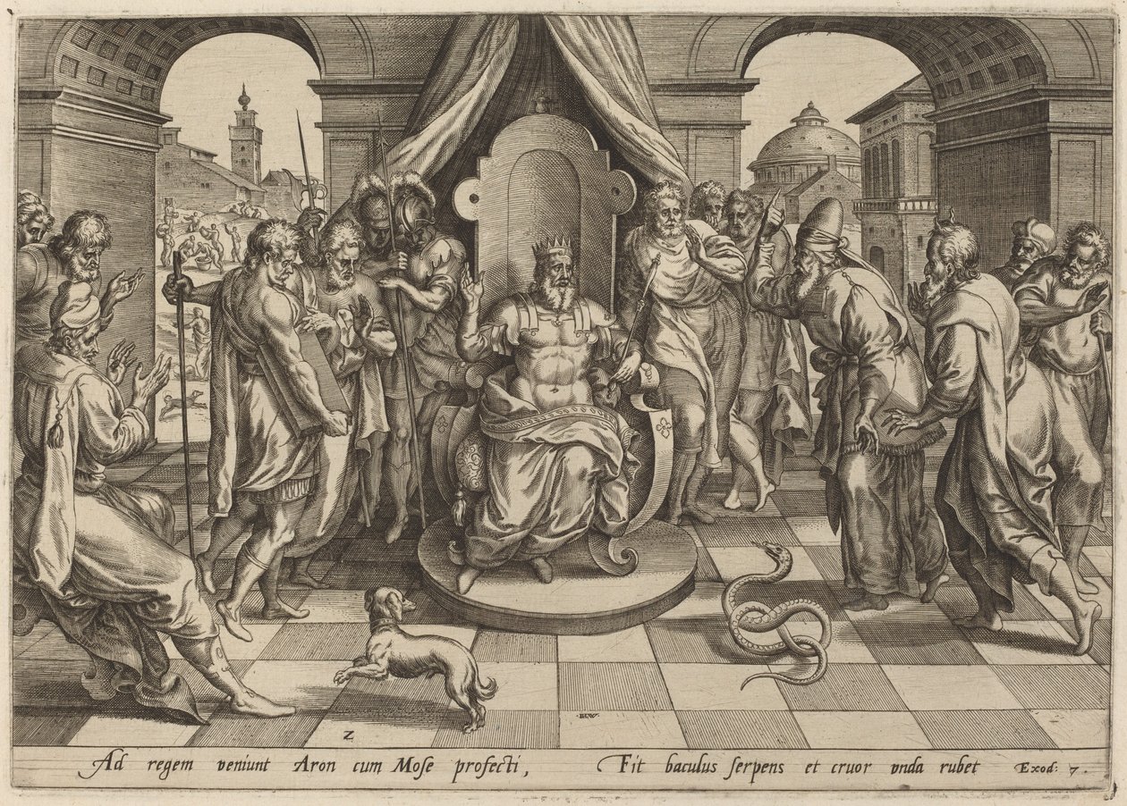 Moses and Aaron before the Pharaoh by Johan Wierix, after Maarten van Cleef
