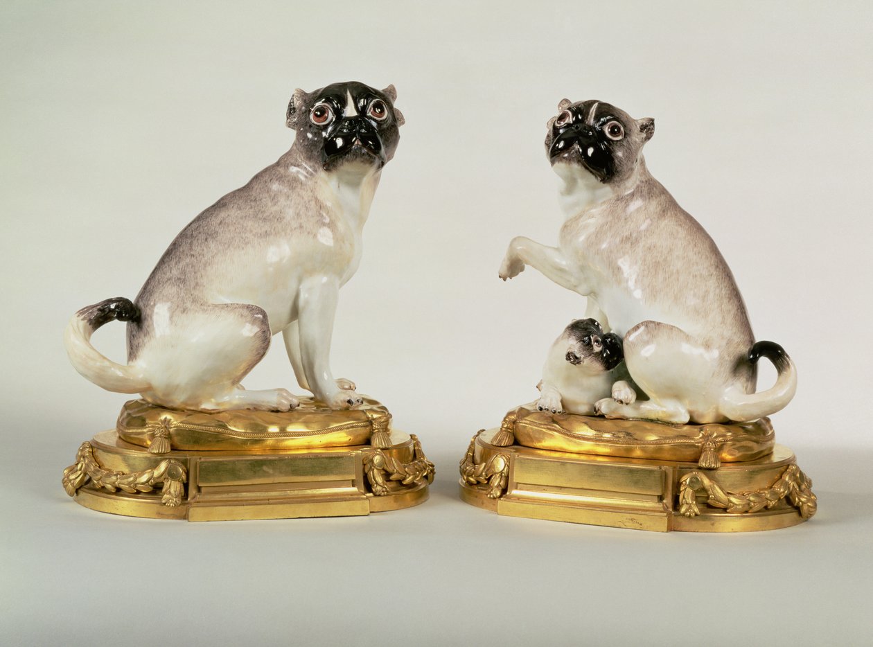 Pair of Meissen porcelain figures of pug dogs mounted in Louis XVI ormolu by Johann Joachim Kaendler