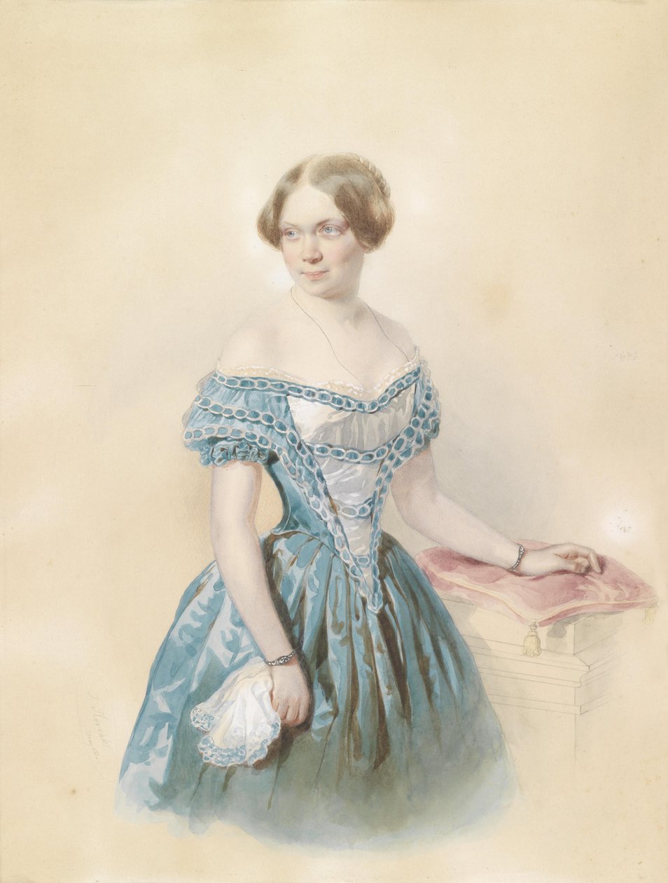 Portrait of a Young Woman in Blue Dress, According to Tradition the Young Marie von Ebner Eschenbach by Johann Nepomuk Horrak
