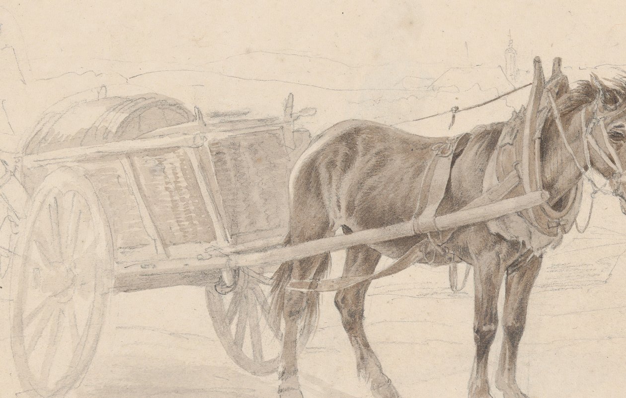 A Cart Drawn by a Brown Horse Near a Lamp Pole, Verso: A Group of Mounted Officers by Johann Adam Klein
