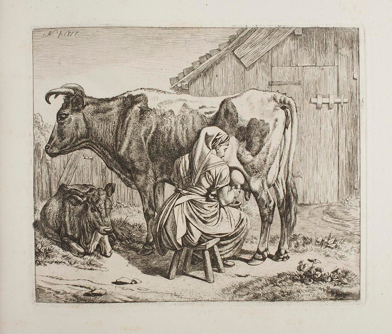 Cow with Calf Being Milked by Johann Adam Klein