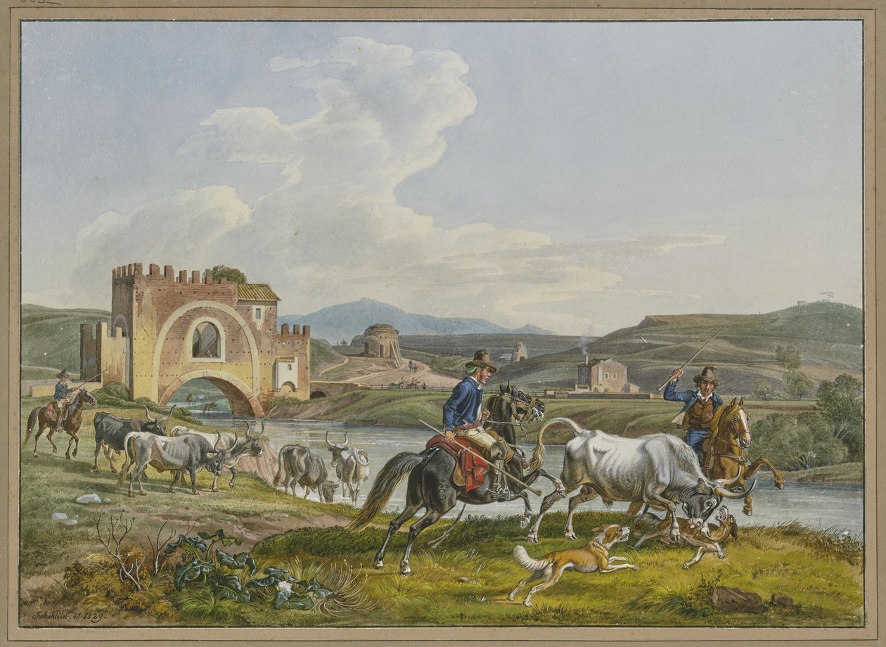Roman Campagnoli on Horseback Catching a Bull with Dogs by Johann Adam Klein
