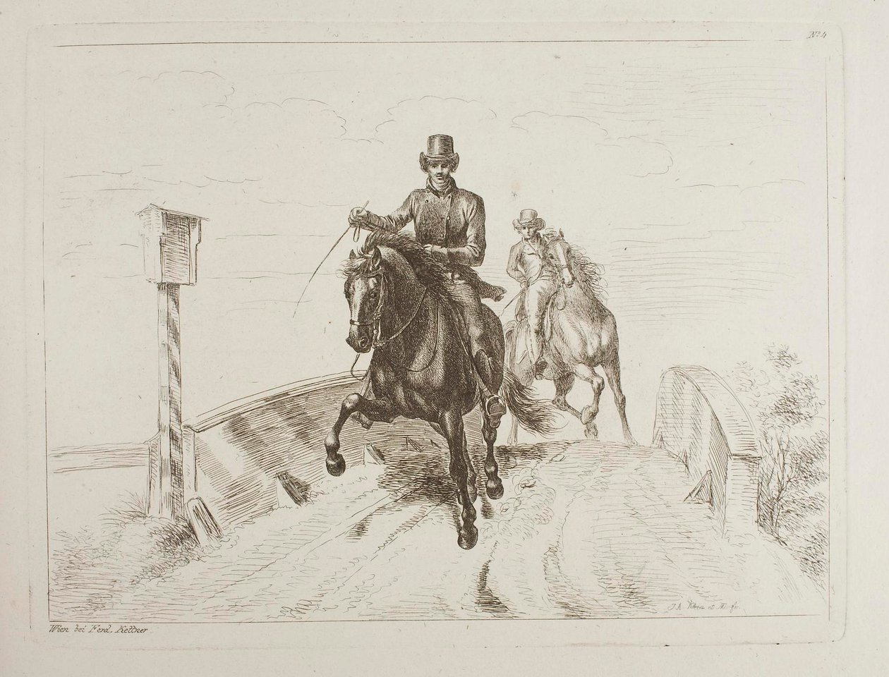 Two Riders Galloping on a Bridge by Johann Adam Klein