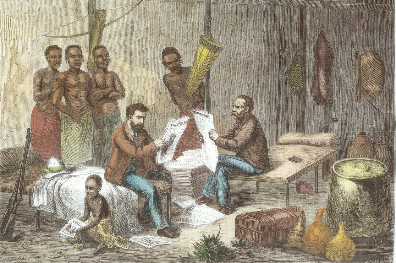 Dr. David Livingstone and Mr. Henry Morton Stanley Receiving Newspapers in Central Africa, engraved by Pearson by Johann Baptist Zweecker