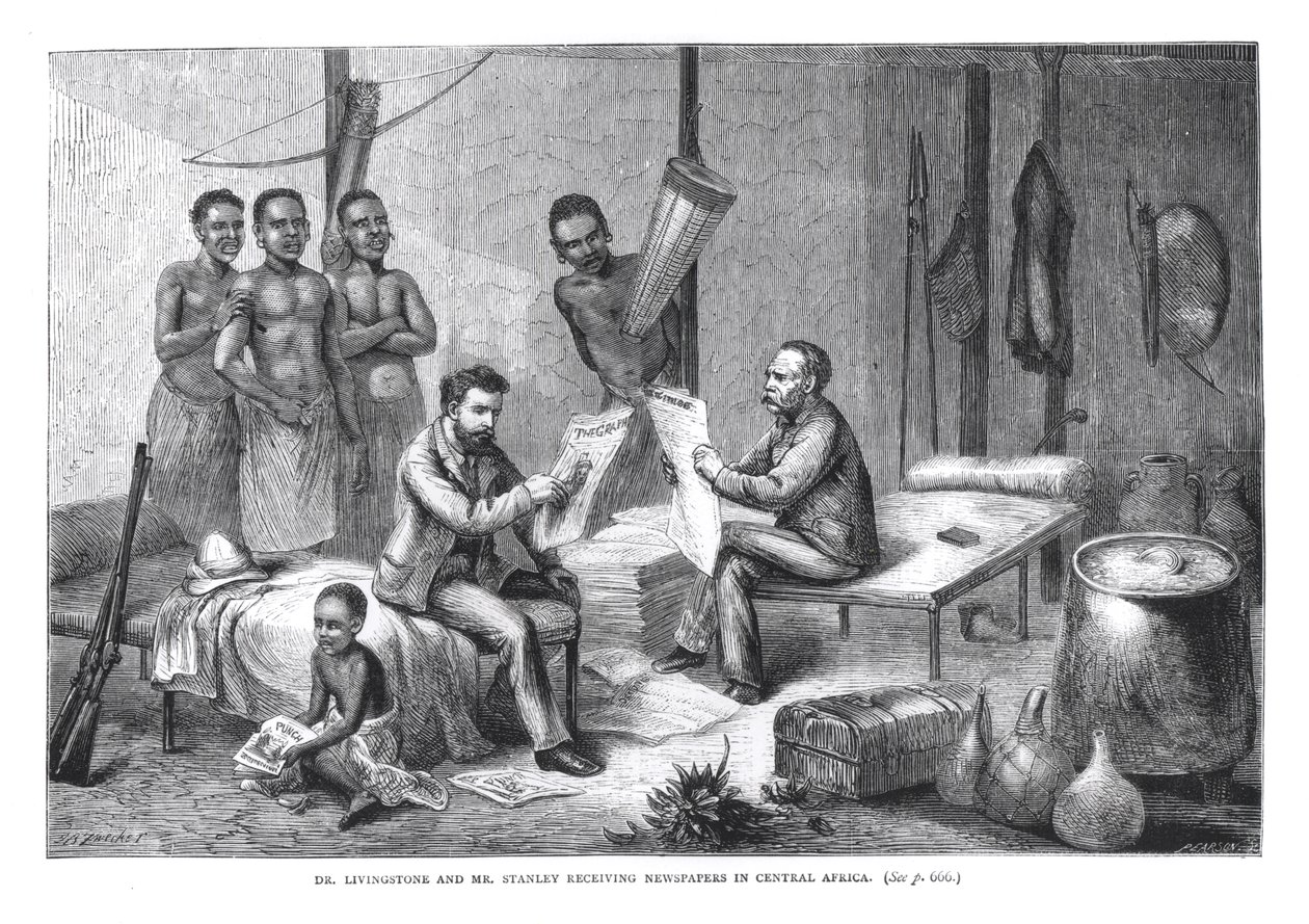 Dr. David Livingstone (1813-73) and Mr. Henry Morton Stanley (1841-1904) Receiving Newspapers in Central Africa, engraved by Pearson by Johann Baptist Zweecker