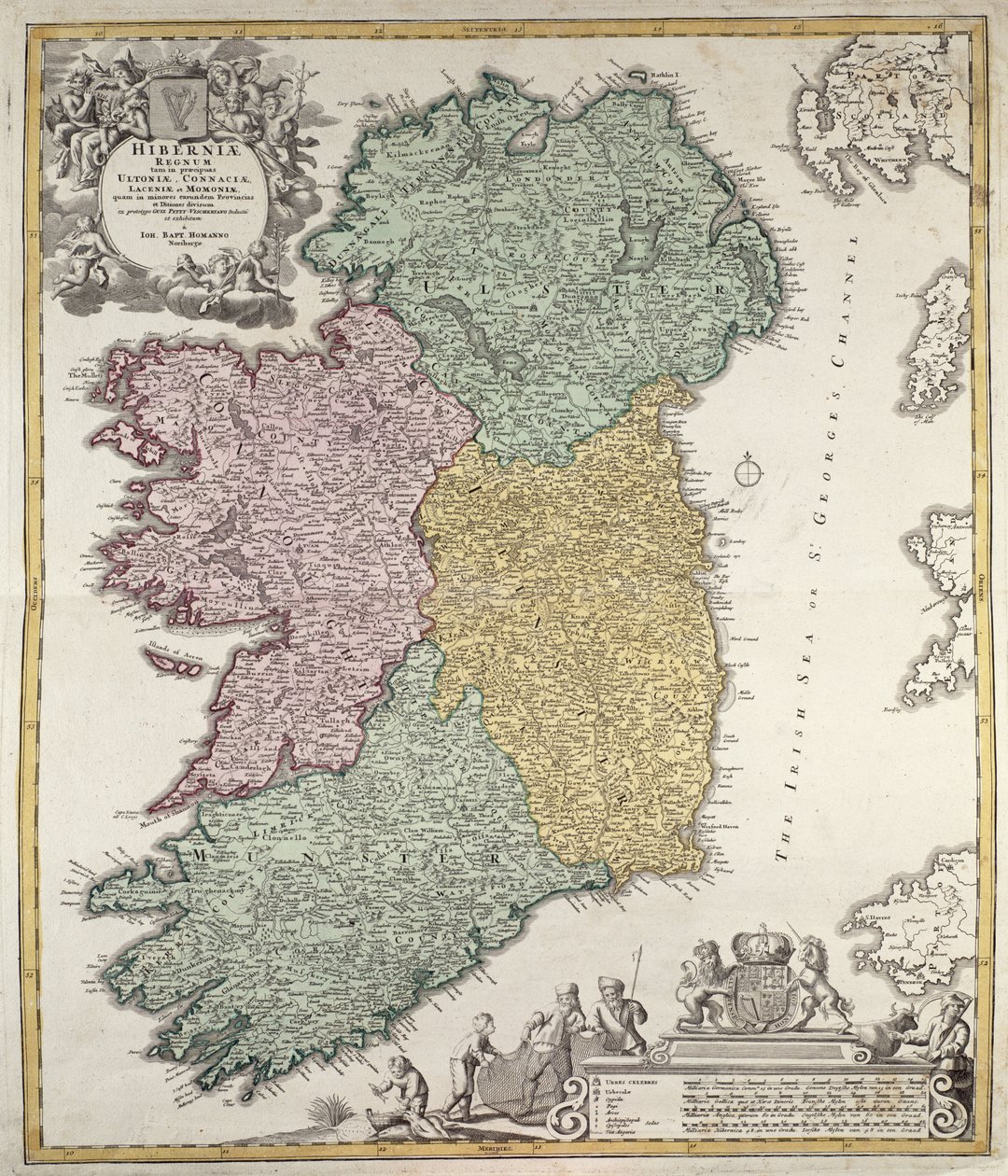 Map of Ireland showing the Provinces of Ulster, Munster, Connaught and Leinster, by Johann B. Homann, c.1730 by Johann Baptista Homann