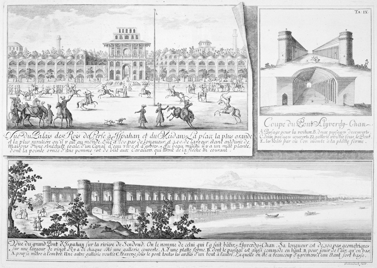 The Royal Palace at Isfahan, A Cross-Section of the Alyverdy-Chan Isfahan Bridge and a View of the Alyverdy-Chan Isfahan Bridge, from Entwurf einer historischen Architektur, engraved by Johann Adam De by Johann Bernhard Fischer von Erlach