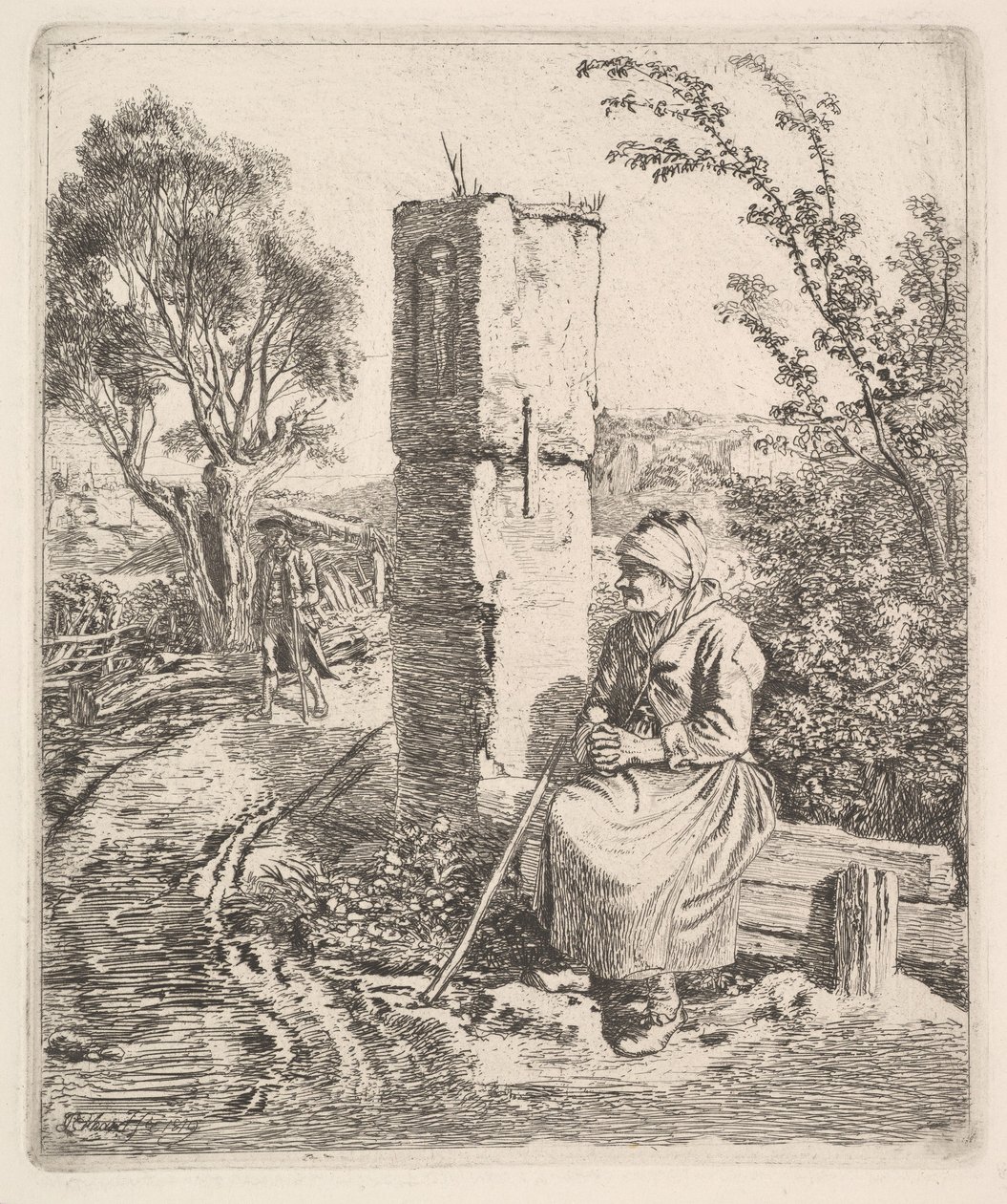 An Old Lady Sitting Near a Pillar at Side of Road, 1819 by Johann Christian Erhard