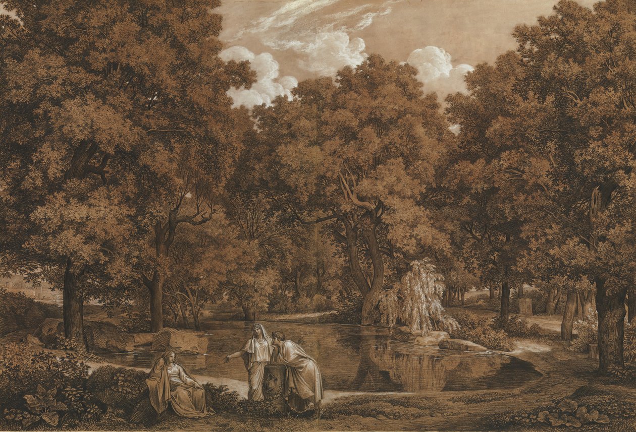 Arcadian Landscape with Three Figures at a Lake by Johann Christian Reinhart