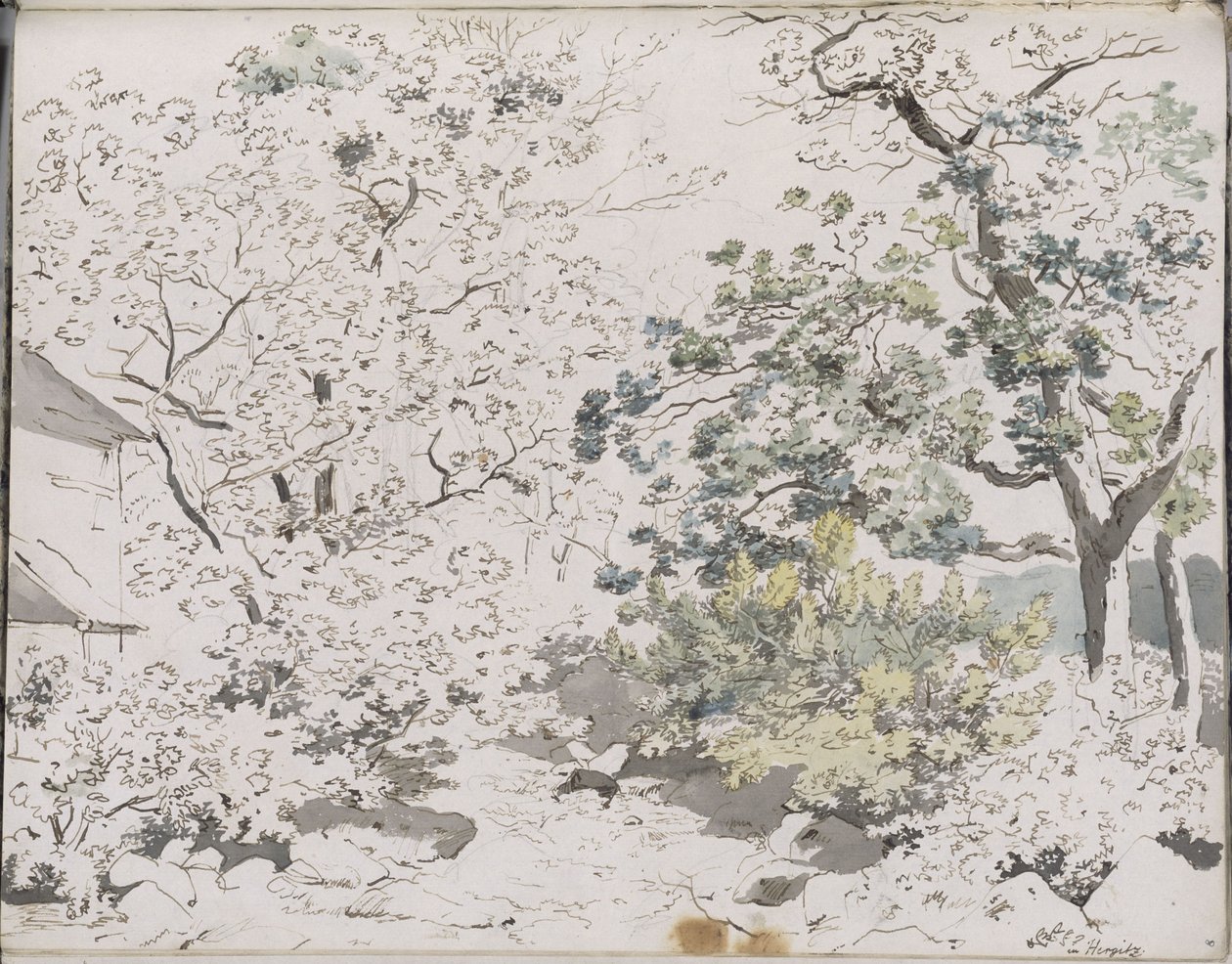 Leafy Trees on Rocky Ground, Next to a Building: Hergitz by Johann Christian Reinhart