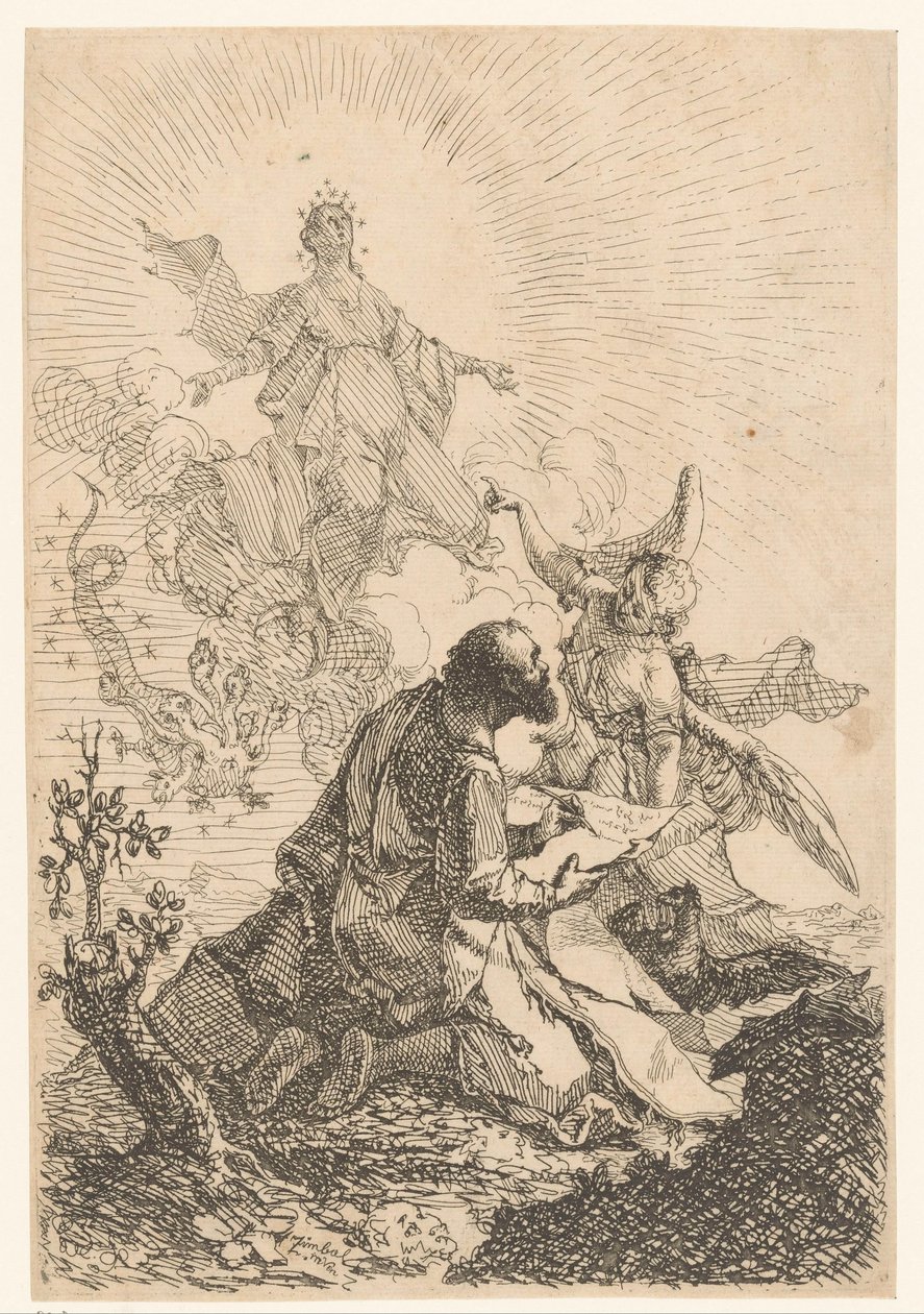 John has a vision on Patmos in which the Holy Virgin defeats the seven-headed dragon by Johann Cimbal