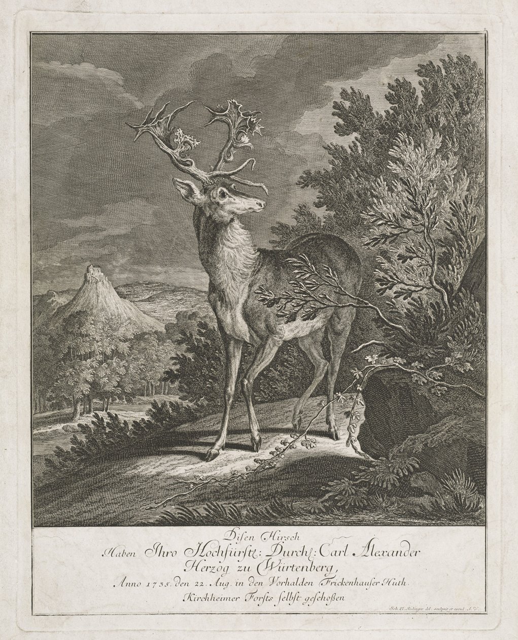A Magnificent Stag in a Landscape by Johann Elias Ridinger