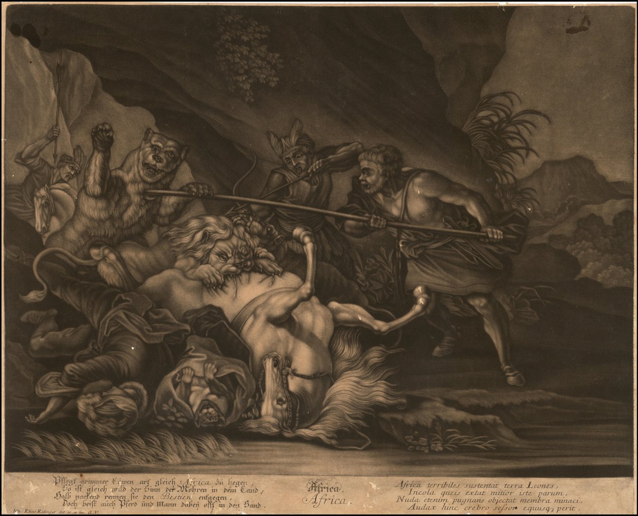 Ca. 1770 Allegorical Mezzotint of Africa by Johann Elias Ridinger