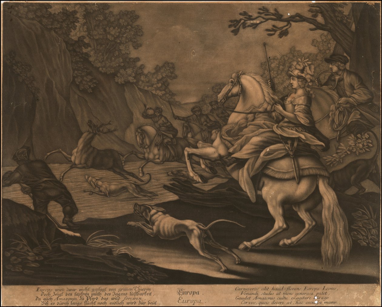 Allegorical Mezzotint of Europe, ca. 1770 by Johann Elias Ridinger