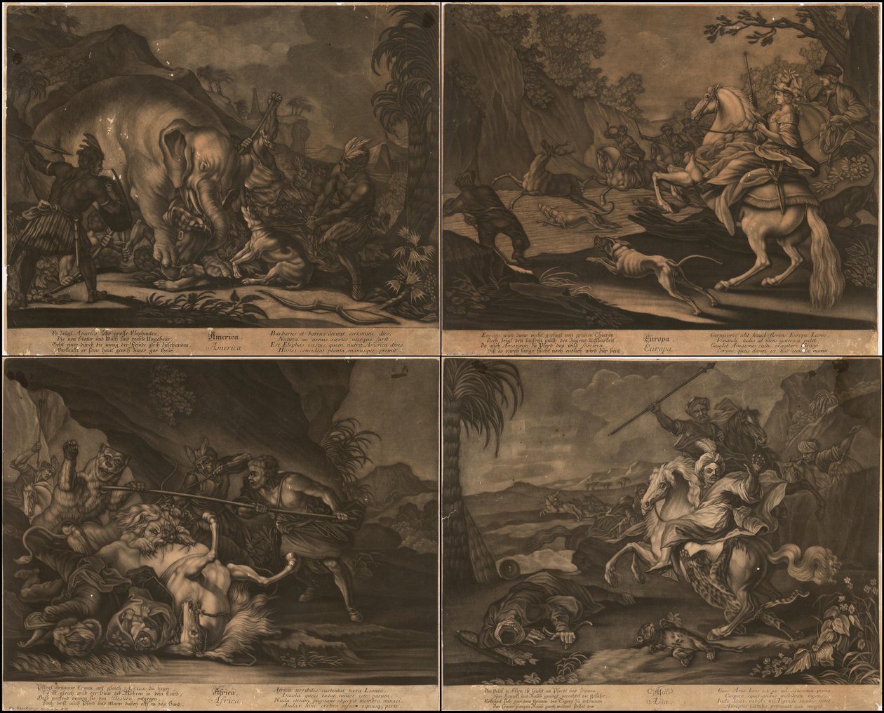 Ca. 1770 Allegorical Mezzotints of Africa, Asia, America and Europe on One Page by Johann Elias Ridinger