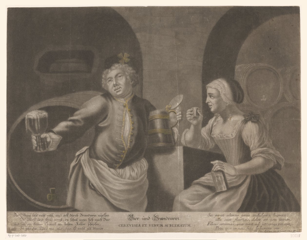 Man and woman drinking beer and brandy by Johann Elias Ridinger