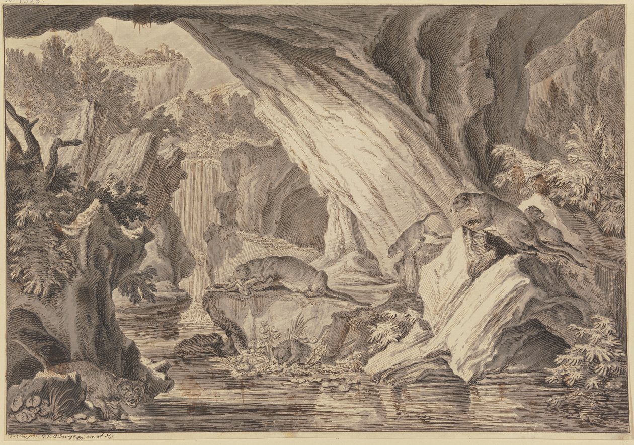 Six Otters in a Rock Cave by the Water by Johann Elias Ridinger